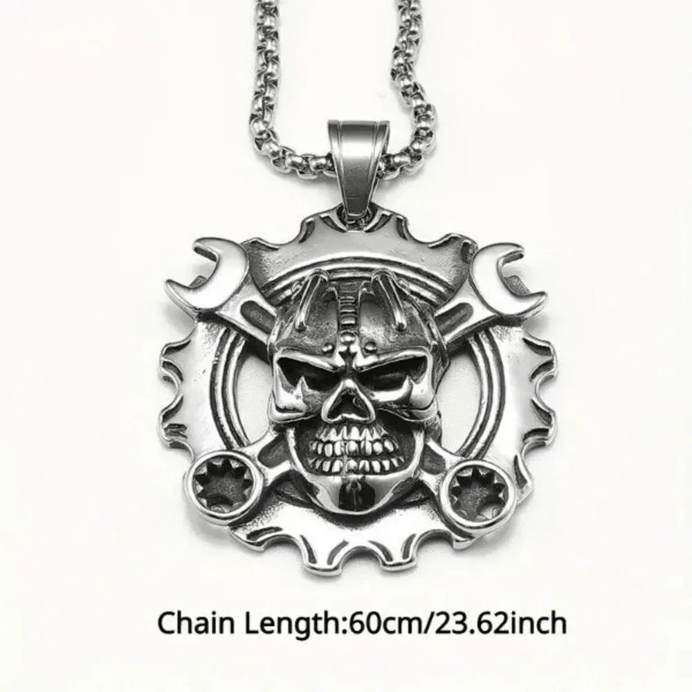 Skull Head on Wrench and Gear Stainless Steel Pendant Necklace